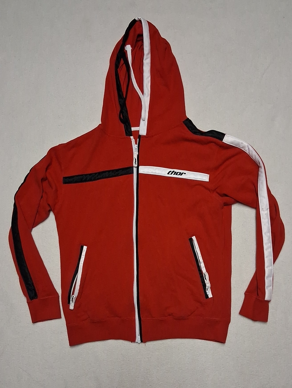 Vintage thor Red Hooded Zip-Up Jacket with Black & White Stripes
